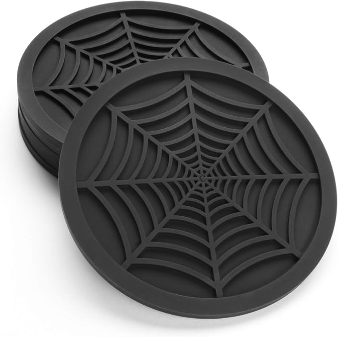 Silicone Coasters For Drinks - 6 Pack Unique Design Spider Drink Coasters, 4" Black Coaster Set by COASTERFIELD - skull coaster