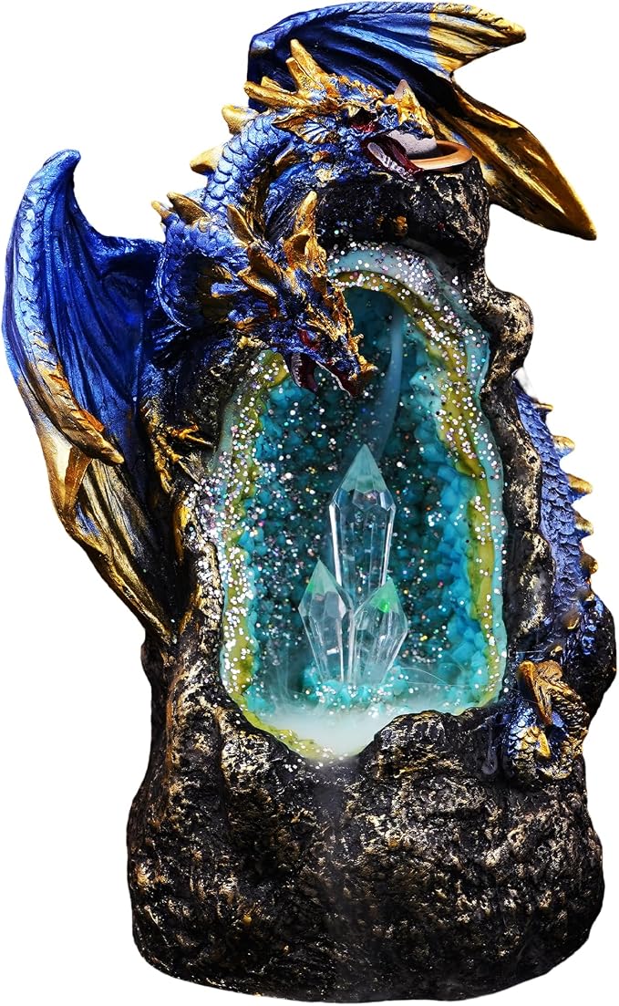 Fantasy Gifts Blue Dragon LED Crystal Geode Backflow Burner | Illuminated Dragon Waterfall Décor Accent with Color-Changing LED for Meditation & Fantasy Home Décor - skull incense burner