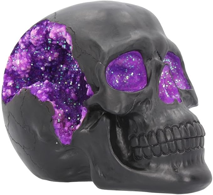 Nemesis Now Geode Skull Figurine, Black and Purple Gothic Glitter Crystal Skull Figurine, 17cm - skull figurine