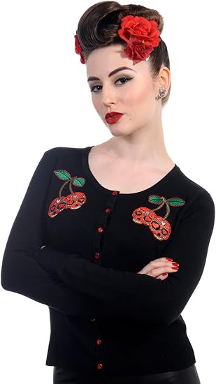 Lost Queen Rockabilly Pinup Skull Cherries Black Knit Cardigan - skull jacket
