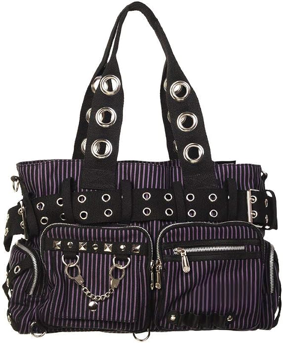 Lost Queen Striped Punk Rock Steampunk Purse with Handcuff Skull Charm - sugar skull handbags for sale