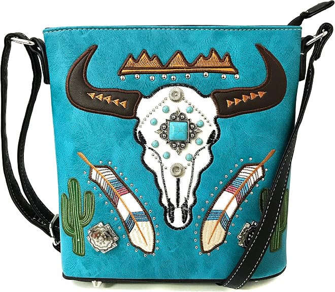 Justin West Native Longhorn Cow Skull Cactus Feather Color Conceal Carry Shoulder Handbag Purse | Trifold Wallet - sugar skull handbags for sale
