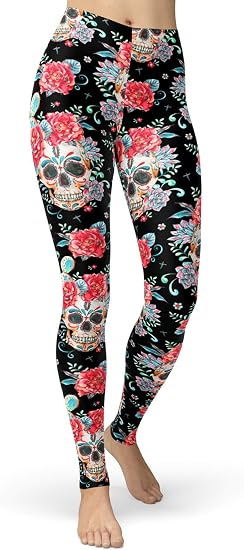 sissycos Women's Sugar Skull Leggings Rose Flower Printed Pants - skull leggings