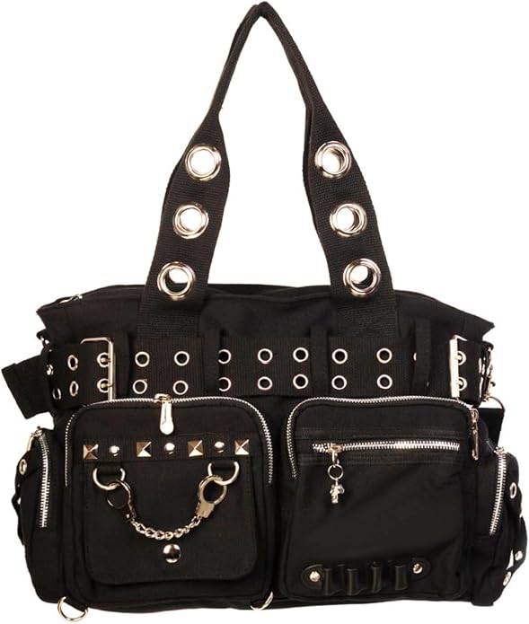 Lost Queen Goth Punk Rock Black Handbag with Handcuff Skull Charm - sugar skull handbags for sale