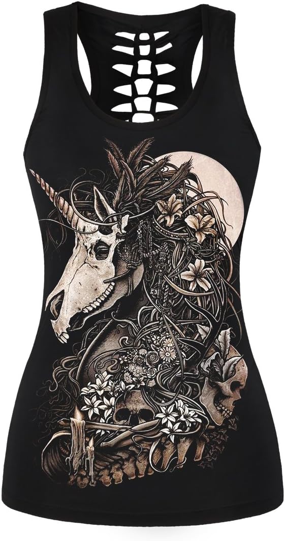 Womens Cut Out Skull Print Workout Yoga Tank Tops Sleeveless Summer T Shirt Vest - skull tank tops