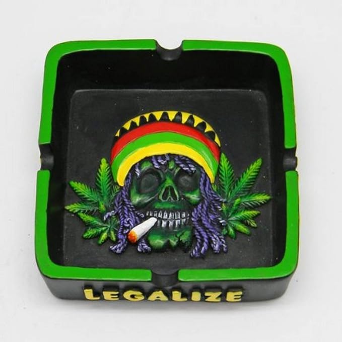 Fantasy Gift Square Rasta Skull with Leaves Ashtray, x 4 1/4″, Multicolored Novelty Gift, 4 1/4″ x 4 1/4″, Multicolor (2273)