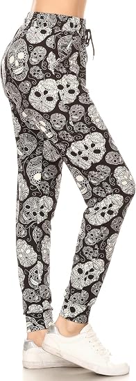 Leggings Depot Women's Jogger Sweatpants with Pockets, Cuffed Track Pants - skull leggings