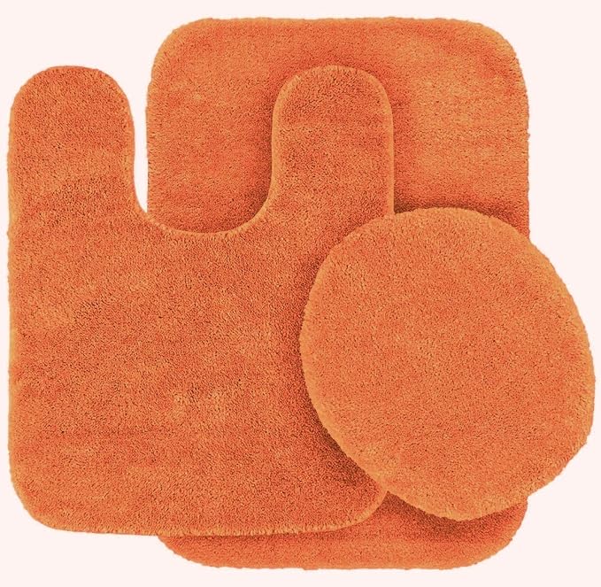 Fancy Linen 3pc Solid Non-Slip Bath Mat Set Bathroom U-Shaped Contour Rug, Mat and Toilet Lid Cover New # 6 (Orange)