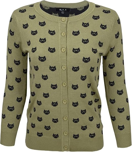 YEMAK Women's Knit Cardigan Sweater – 3/4 Sleeve Button Down Crewneck Cute Cat Dog Pattern Casual Lightweight Knitted Top - skull jacket