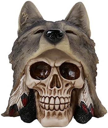 Pacific Giftware PT Indian Skull with Wolf Head Dress Bust Decorative Figurine - skull figurine