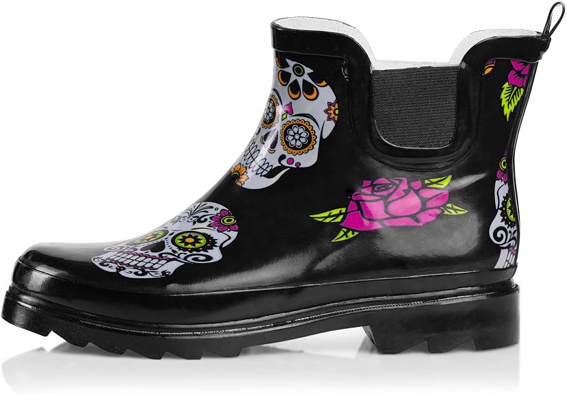 NORTY Women's Waterproof Ankle Rain & Garden Boots, Runs ½ Size Large - sugar skull boots