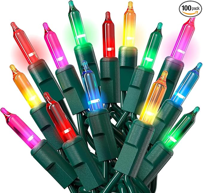 PREXTEX Christmas String Lights with Green Wire - 100 Count, 20 Ft Multicolored Christmas Tree Lights for Xmas Decorations Indoor and Outdoor - Incandescent String Light for Patios, Fences, Holidays - string light