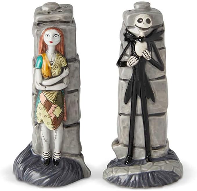 Enesco 6002274 Disney Ceramics Nightmare Before Christmas Jack and Sally Salt and Pepper Shakers, 3.85 Inch - skeleton