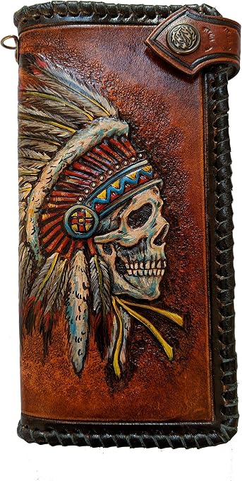 Indian Chief Skull Leather Wallet for Men – Patriotic Native American Tribal Design with Apache Feather Headdress – Handmade Leather Bifold Long Biker Wallet, Carved & Tooled, Custom Personalized Gift - skull wallet