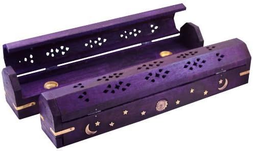 POSHNPRETTY Handmade Celestial Coffin Wooden Incense Box Burner with Brass Inlay (Purple) - skull incense burner