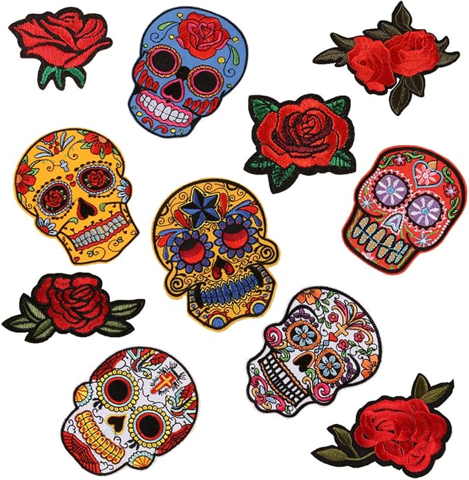 Skull Rose Patches Sugar Skull Embroidery Flowers Sew On Appliques Ghost Head Cloth Chest Sticker with Day of The Dead Badges Logo for Free DIY Decoration Coat, Jackets, Jeans(11 PCS) - skull sticker