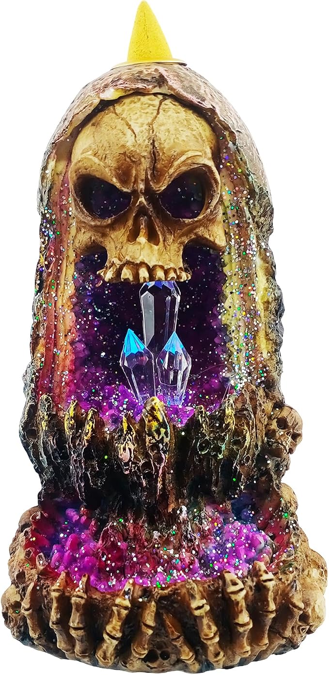 Fantasy Gifts Geode Skull Backflow Burner with LED – 6.5 Inch Crystal Waterfall Décor Accent | Mystical Skull Tabletop Decoration for Meditation, Gothic & Fantasy Home Décor - skull incense burner