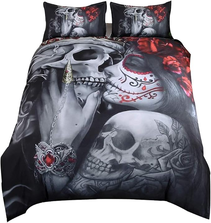 3D Dark Gothic Sugar Skull Kissing Skeleton Rose Duvet Cover Set Queen - skull bedding