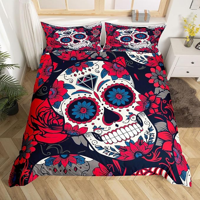 Gothic Skull Comforter Cover Set Queen Size, Death Skull Duvet Cover for Boys Girls Adults Sugar Skull Bedding Set Skeleton Decor Bedspread Cover Red Rose Floral Bedding,1 Duvet Cover 2 Pillow Shams