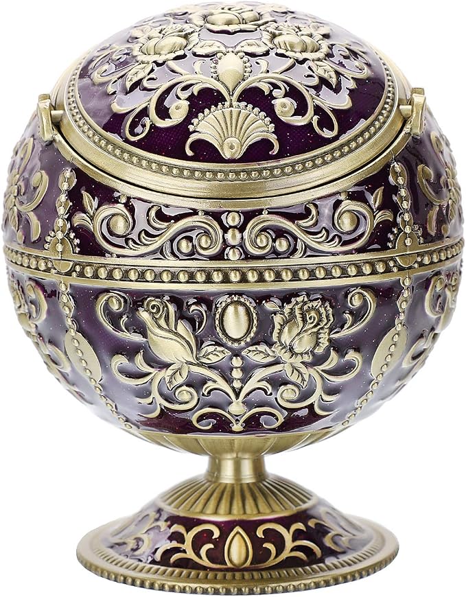 LAUYOO Windproof Ashtray with Lid for Cigarettes Metal Portable Cigar Ashtray Odor Eliminator for Indoor outdoor Hand Stamped Rose Pattern with Sparkle Fancy Gift for Men Women (Dark Purple-Bronze) - skull ashtray
