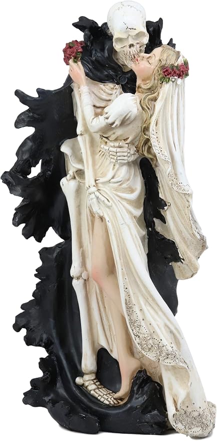Ebros Wedding Bride and Death Angel Grim Reaper Skeleton The Kiss Figurine 14.25" Tall Love Never Dies Day of The Dead DOD Skulls Ossuary Macabre Graveyard Spooky Halloween Red Roses Decor Statue - skull figurine