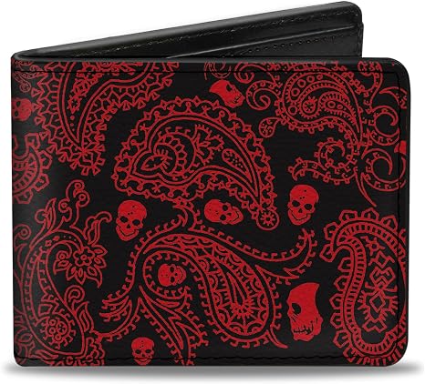 Buckle-Down Wallet, Bifold, Bandana Skulls Black Red, Vegan Leather - skull wallet