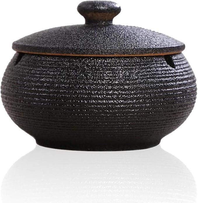 Lependor Ceramic Ashtray with Lids, Windproof, Cigarette Ashtray for Indoor or Outdoor Use，Ash Holder for Smokers,Desktop Smoking Ash Tray for Home Office Decoration - Black - skull ashtray
