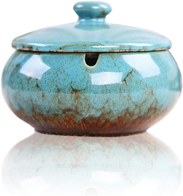 Lependor Ceramic Ashtray with Lids, Windproof, Cigarette Ashtray for Indoor or Outdoor Use，Ash Holder for Smokers,Desktop Smoking Ash Tray for Home Office Decoration - Blue - skull ashtray