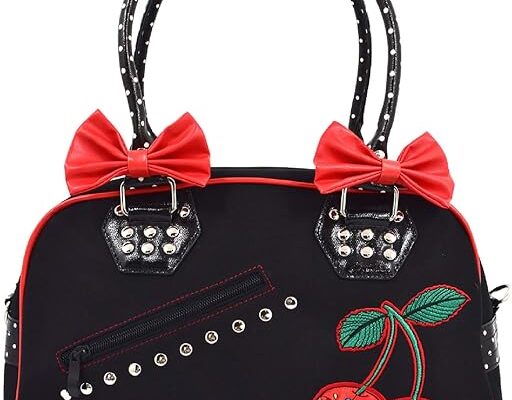 Lost Queen Cherry Bomb Skull Cherries Polka Dot Bow Handbag Rockabilly Black Red