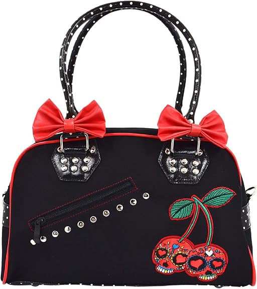 Lost Queen Cherry Bomb Skull Cherries Polka Dot Bow Handbag Rockabilly Black Red