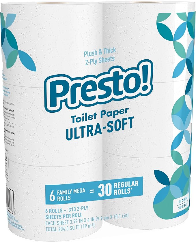 Amazon Brand – Presto! 2-ply Sheet Mega Roll Toilet Paper, Ultra-Soft, Unscented, 1878 Count (6 Rolls of 313 Sheets), 6 Family Mega Rolls = 30 Regular Rolls (Packaging may vary)
