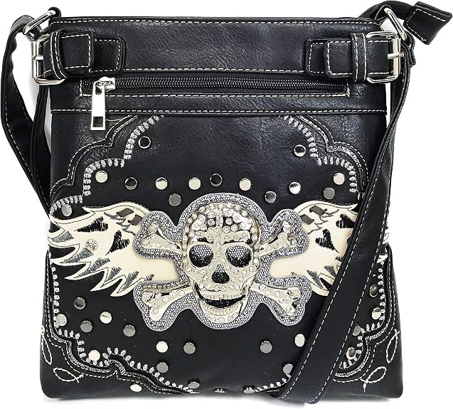 Justin West Women's Rhinestone Skull Crossbones with Angel Wings Shoulder Handbag - sugar skull handbags for sale