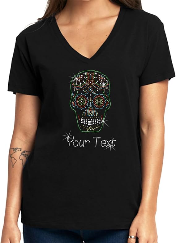 Custom Womens T-Shirt Rhinestone Bling Black Tee Day of The Dead Sugar Skull Halloween Personalized Your Text - skull tshirt