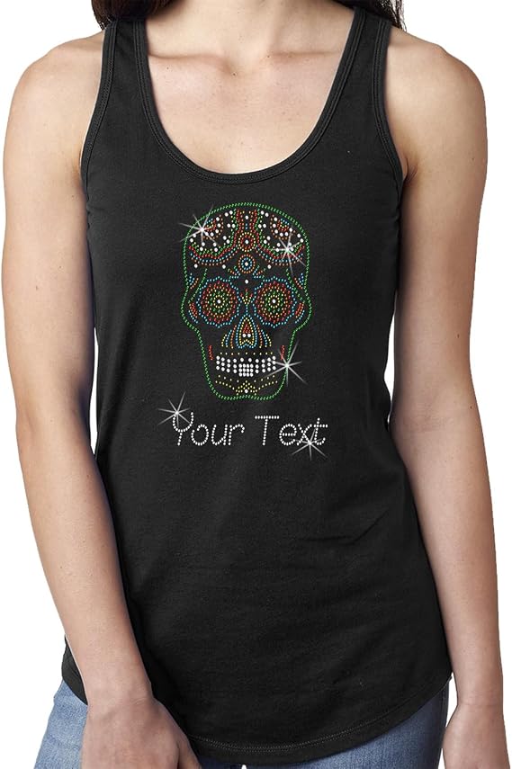 Custom Womens T-Shirt Rhinestone Bling Black Tee Day of The Dead Sugar Skull Halloween Personalized Your Text - skull tank tops