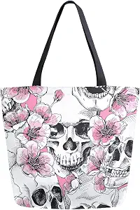 Woman's Beautiful Skull Cherry Blossom Large Canvas Long Handle Tote Bag - skull suitcase