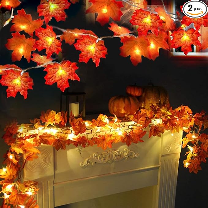 Fall Decor 2 Pack Fall Garland with Lights Enlarged Maple Leaves 20Ft 40LED - string light
