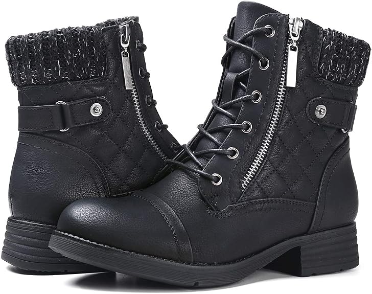STQ Womens Combat Boots Lace Up Ankle Booties With Side Zipper Fall Winter - sugar skull costume