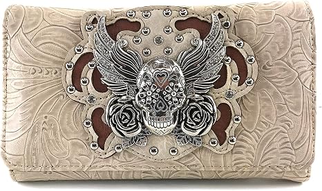 Zelris Sugar Skull Roses Angel Wing Women Crossbody Wrist Handle Trifold Wallet (Beige) - sugar skull handbags for sale