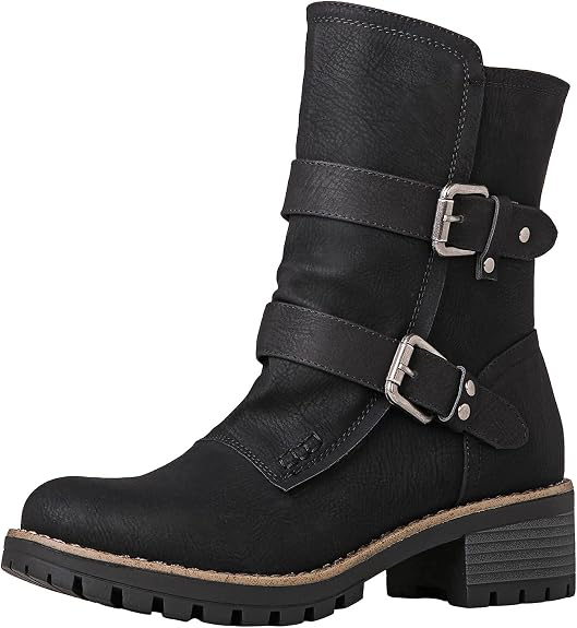GLOBALWIN Women's Ankle Boots For Women Faux Fur Lined Winter Moto Boots Ankle Booties With Adjustable Double Buckles - sugar skull costume