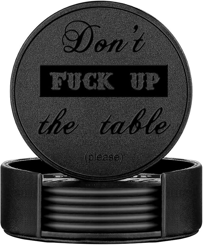 Funny Coasters, Thipoten 6 Pcs Leather Coasters with Holder, Perfect Housewarming Hostess Gifts, Protect Furniture from Water Marks Scratch and Damage(6Pcs, Black)