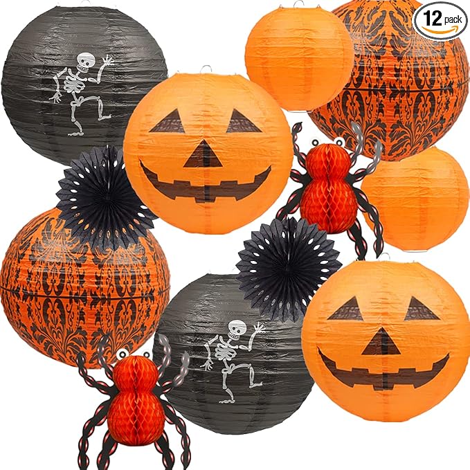 UNIQOOO 12Pcs Halloween Hanging Decorations Paper Lanterns, Jack-O’-Lantern Spider Skeleton Pumpkin for Indoor & Outdoor Spooky Home Decor, Party Supplies Props, 12″ & 8″ (Orange, Black)