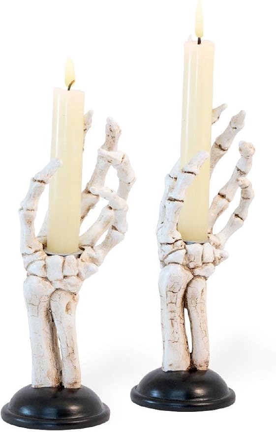 Boston International Halloween Taper Candle Holders, Set of 2, 3 x 8-Inches, Skeleton Hands - skull candle