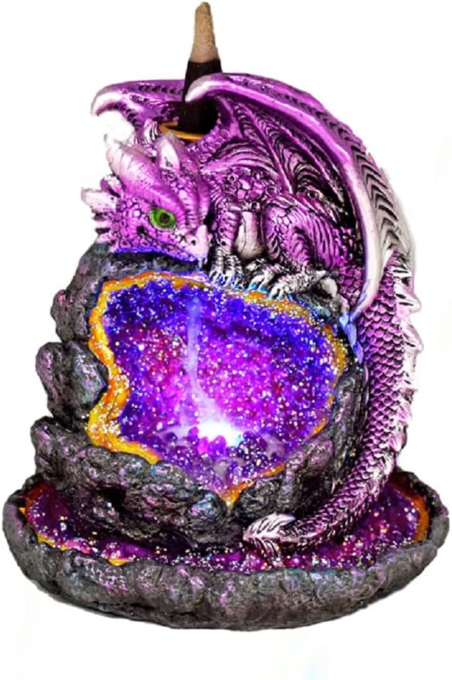 Purple Baby Dragon Backflow Cone Incense Burner Protecting Light Up Geode 6" H - skull incense burner
