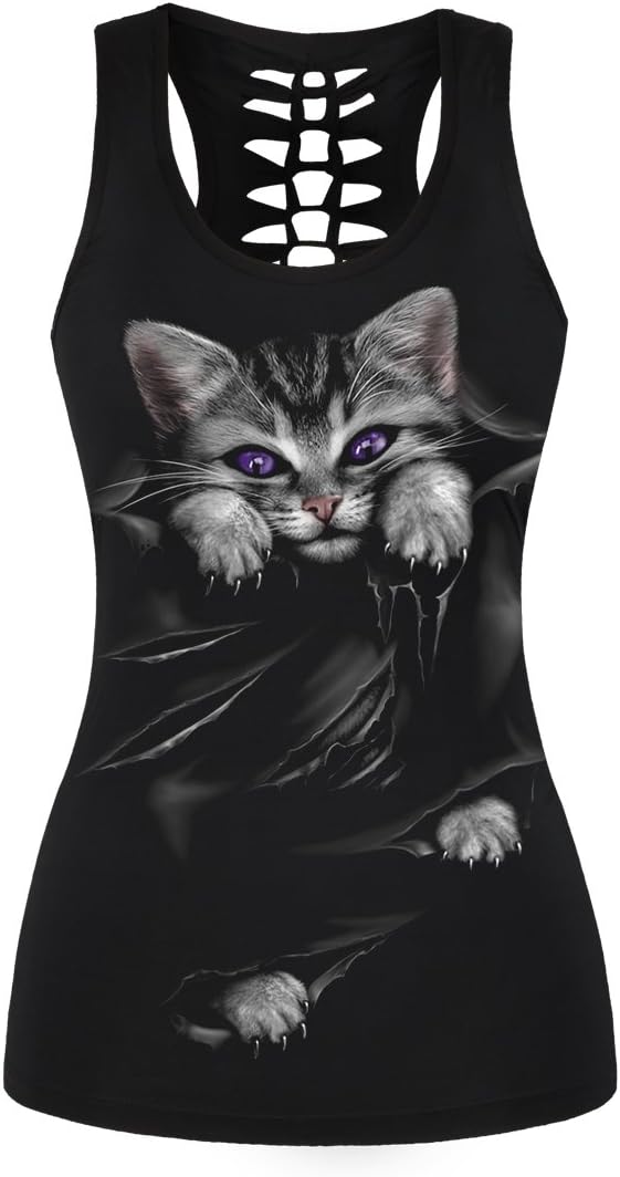 Womens Cut Out Skull Print Workout Yoga Tank Tops Sleeveless Summer T Shirt Vest - skull tank tops