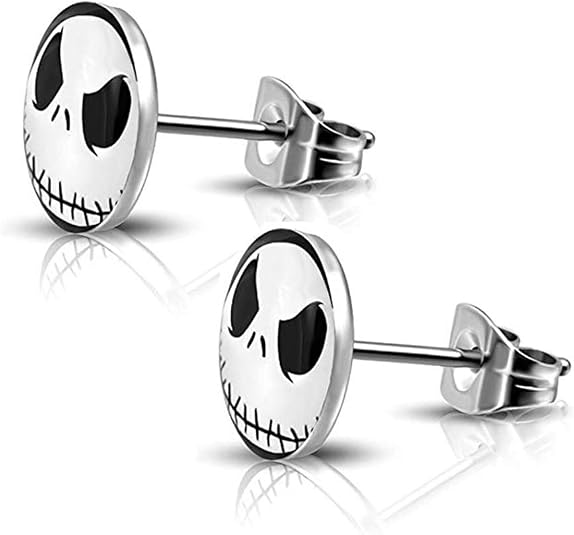SIISPRI 316L Surgical Stainless Steel Jack Skellington Round Circle Button Stud Post Earrings(10 mm) - skeleton