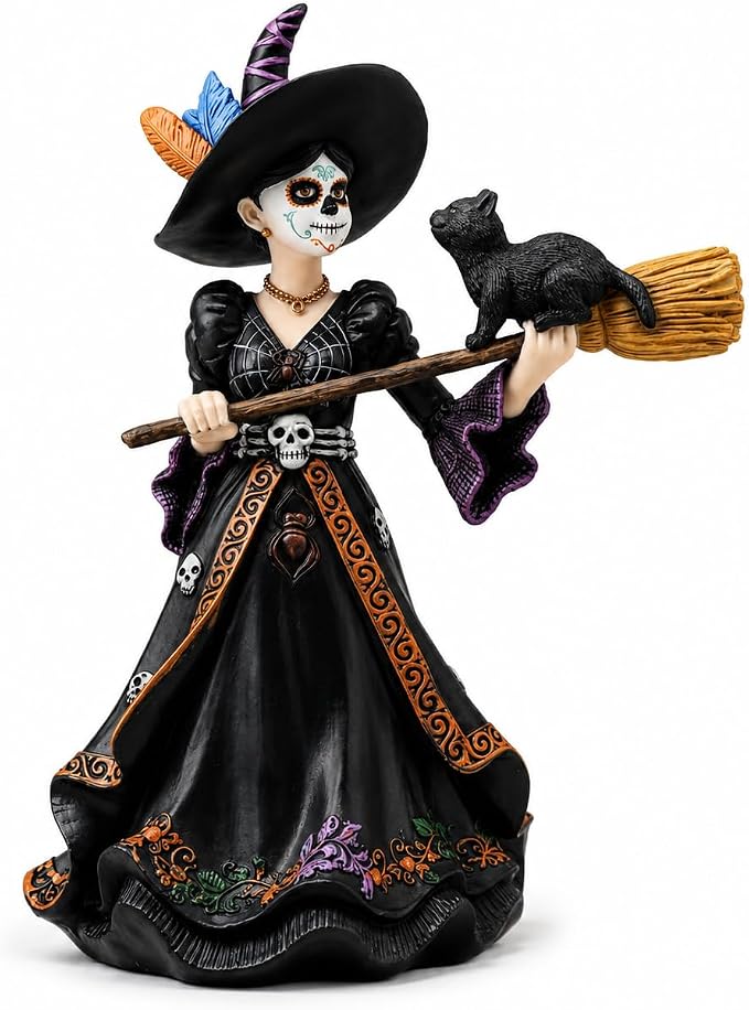 Comfy Hour 8.3" Day of the Dead Witch Statue with Black Cat - skull figurine