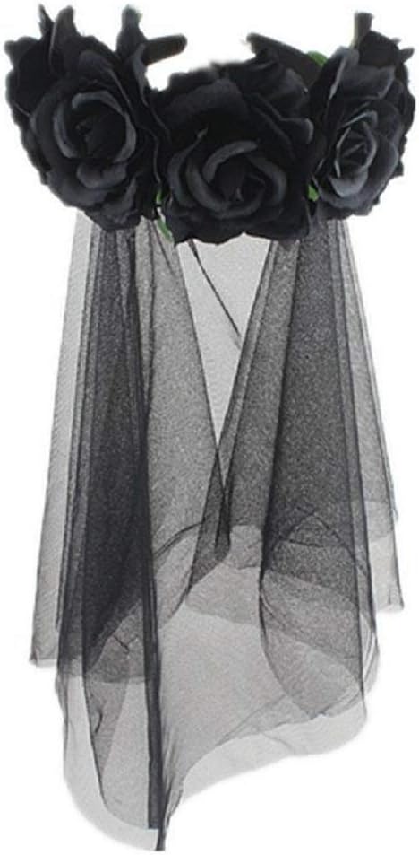 PURFUN Gothic Rose Floral Headband Crown Veil Women Halloween Day of The Dead Flower Hairband Garland Black Bridal Veil - skull headband