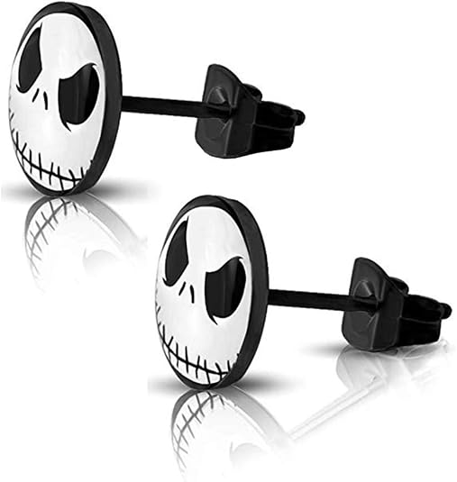 SIISPRI 316L Surgical Stainless Steel Jack Skellington Round Circle Button Stud Post Earrings(10 mm) - skeleton