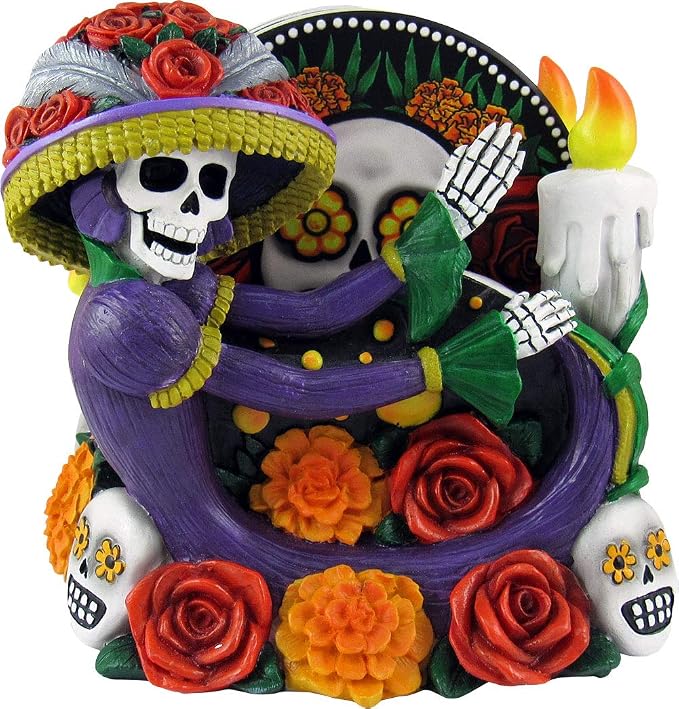 World of Wonders Catrina Figurine Day of The Dead Decorative Coaster Set | 4 Piece Drink Coasters with Holder | Dia de Los Muertos Decorations | Sugar Skull Decor - 6" - skull coaster