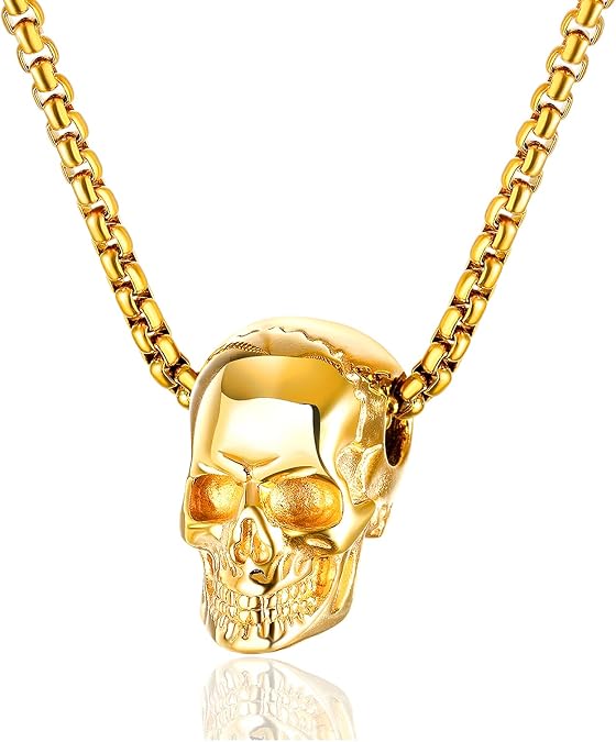 Punk Rapper Stainless Steel Skull Head Pendant Necklace,22" Link Chain - skull plate